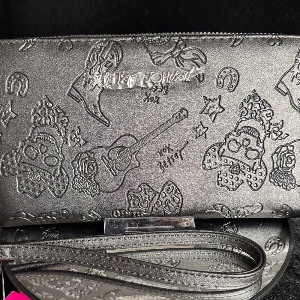 Betsey Johnson Black Embossed Wristlet with Silver Accents